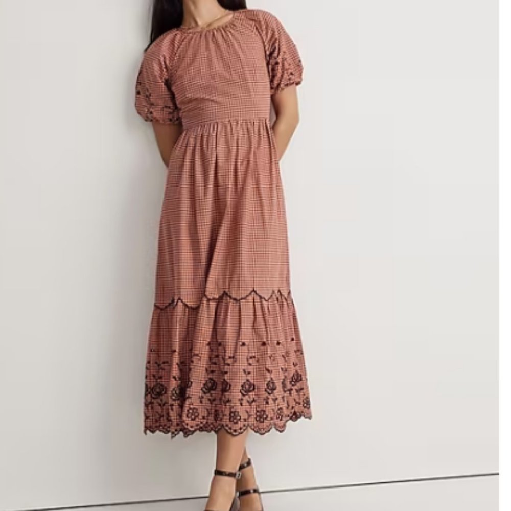 Madewell Embroidered Checkered Bubble Sleeve Open Back Midi Dress NWT